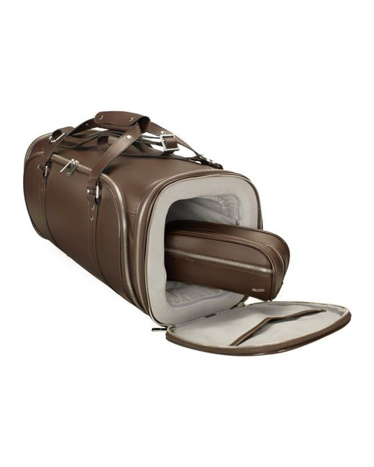 VOCIER F34 brown leather weekender, open, showing the interior compartment