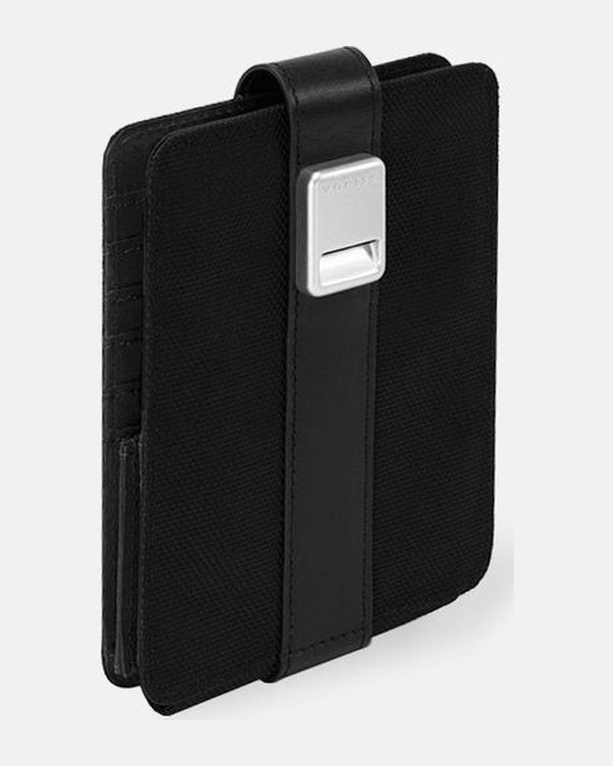 VOCIER small travel wallet in black leather with metal clasp strap